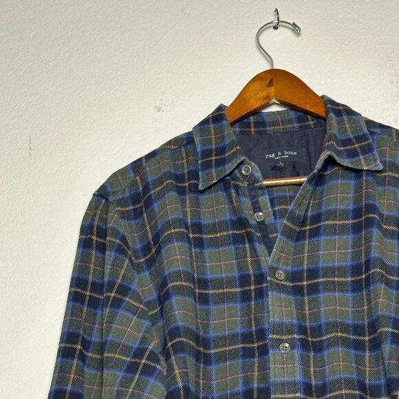 Rag & Bone Long Sleeve Shirt Men L Plaid Flannel Blue Green Gorp Winter Fall - Picture 14 of 16